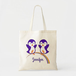 Cute Purple Penguin Personalised Name Tote Bag