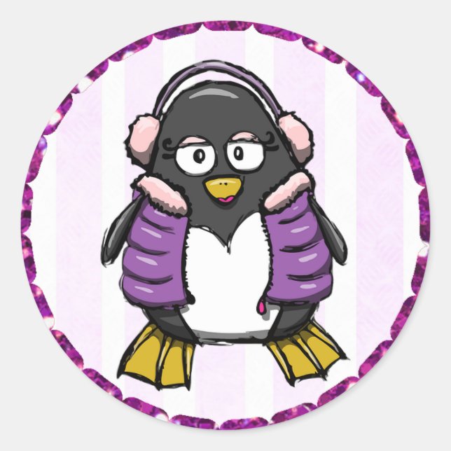 Cute Purple Penguin with Ear Muffs Stickers (Front)