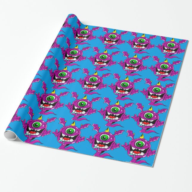 Cute Purple People Eater Monster Wrapping Paper (Unrolled)