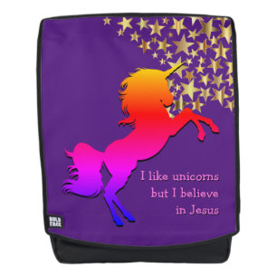 Cute PURPLE Personalised UNICORN Believe in Jesus Backpack