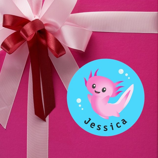 Cute Purple Pink Axolotl Bubble with Name Classic Round Sticker (Creator Uploaded)