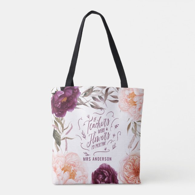 cute purple pink floral elegant teacher tote bag (Back)