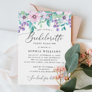 Cute purple pink floral script Bachelorette party Invitation