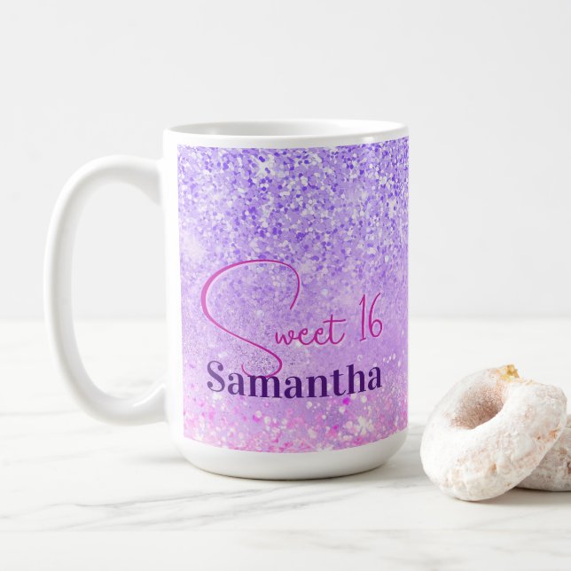 Cute purple pink glitter birthday monogram coffee mug (With Donut)