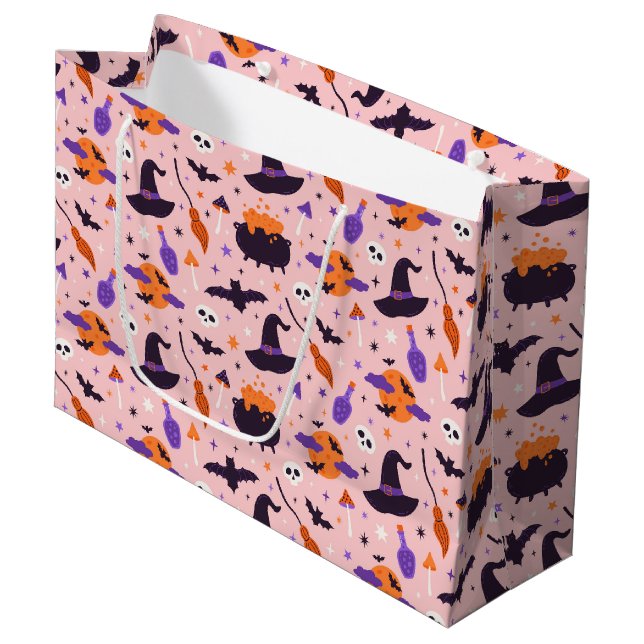Cute Purple & Pink Halloween Pattern Large Gift Bag (Front Angled)