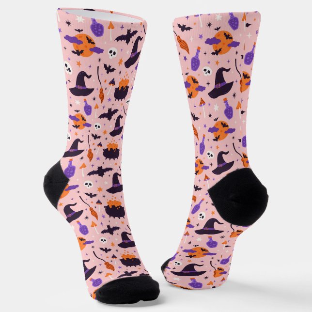 Cute Purple & Pink Halloween Pattern Socks (Angled)