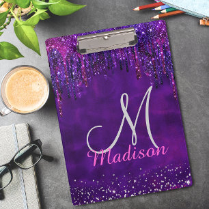 Cute Purple pink Unicorn Glitter Drips monogram Clipboard