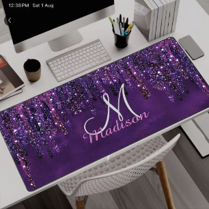 Cute Purple pink Unicorn Glitter Drips monogram Desk Mat
