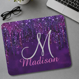 Cute Purple pink Unicorn Glitter Drips monogram Mouse Pad