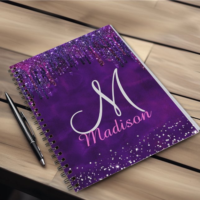 Cute Purple pink Unicorn Glitter Drips monogram Notebook (Creator Uploaded)