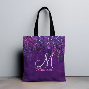 Cute Purple pink Unicorn Glitter Drips monogram Tote Bag