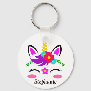 Cute Purple Pink Unicorn Red Flower Personalised Key Ring