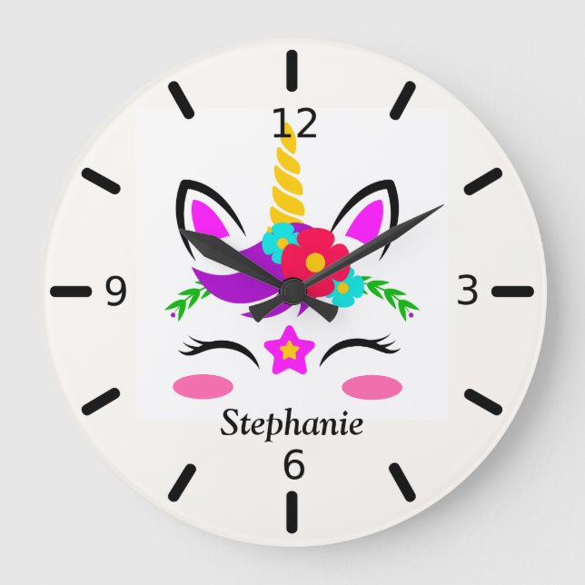 Cute Purple Pink Unicorn Red Flower Personalised Large Clock (Front)