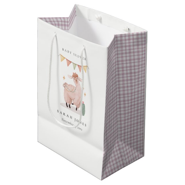 Cute Purple Plaid Cactus Boho Llama Baby Shower Medium Gift Bag (Front Angled)