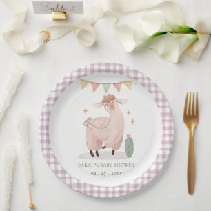 Cute Purple Plaid Cactus Boho Llama Baby Shower Paper Plate