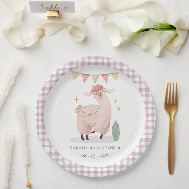 Cute Purple Plaid Cactus Boho Llama Baby Shower Paper Plate (Wedding)