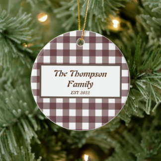 Cute Purple Plaid Personalised Family Name Ceramic Ornament