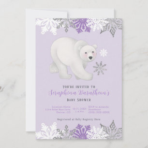 Cute Purple Polar Bear Baby Shower Invitation