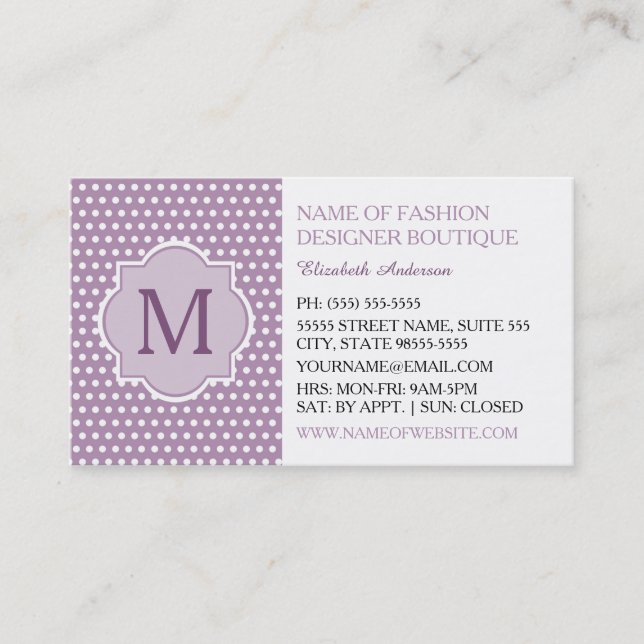 Cute Purple Polka Dot With Girly Monogram Boutique Business Card (Front)