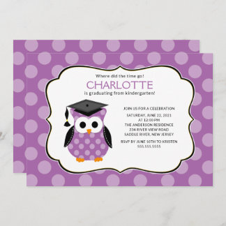 Cute Purple Polka dots Grad Owl Girl Graduation Invitation
