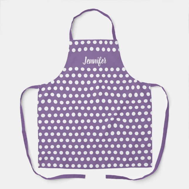 Cute Purple Polka Dots Personalised Name Womens Apron (Front)