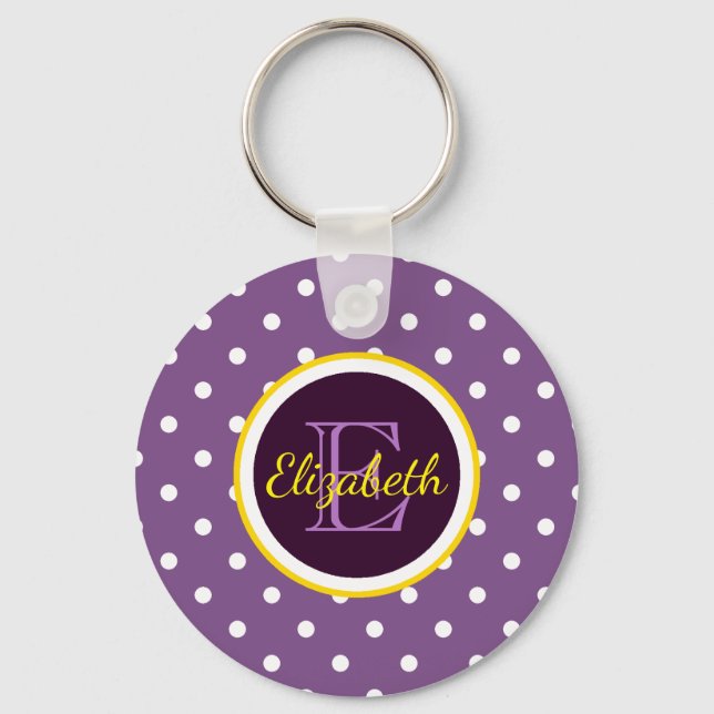 Cute Purple Polka Dots With Name Monogram Key Ring (Front)