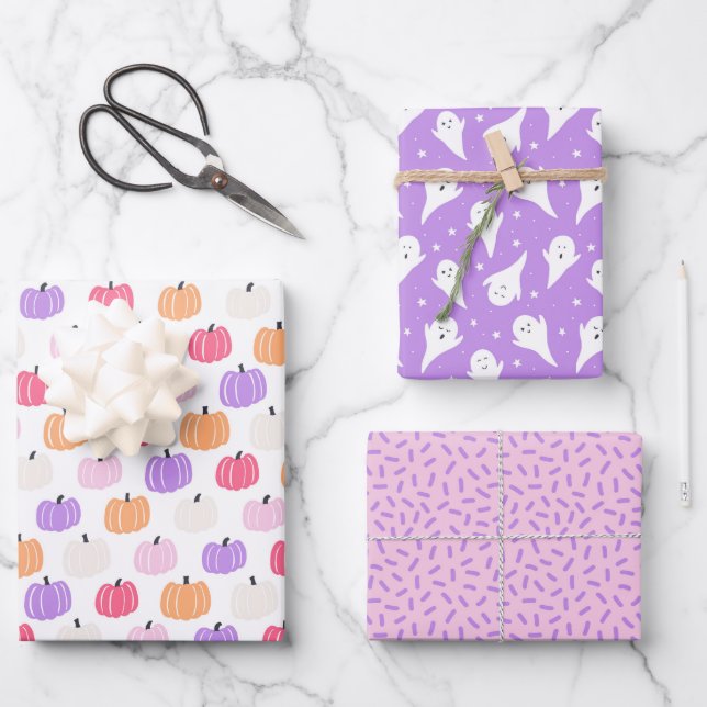 Cute purple pumpkin and ghost Halloween Wrapping Paper Sheet (Front)