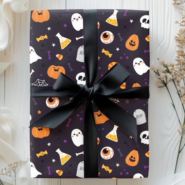 Cute Purple Pumpkin Ghost Spider Halloween Pattern Wrapping Paper (Creator Uploaded)