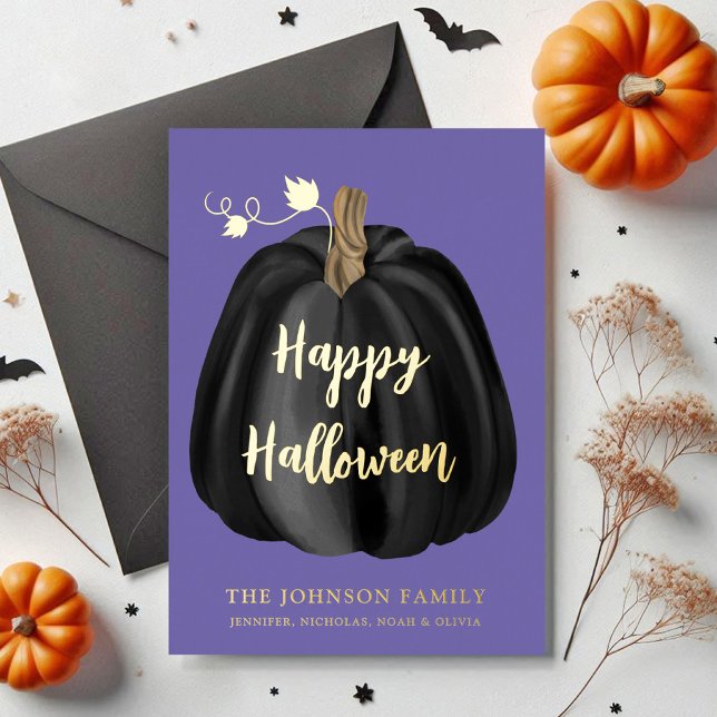 Cute Purple Pumpkin Happy Halloween Gold  Foil Holiday Card (Cute Purple Pumpkin Happy Halloween Gold Foil Holiday Card)