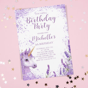 Cute Purple Rainbow Glitter Floral Unicorn Invitation