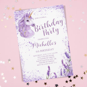 Cute Purple rainbow Glitter Floral Unicorn Invitation