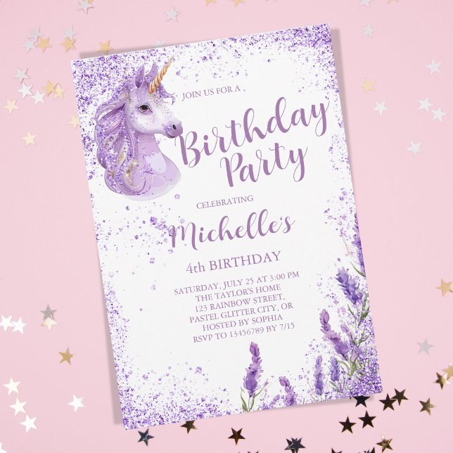 Cute Purple rainbow Glitter Floral Unicorn Invitation (purple unicorn watercolor glitter)