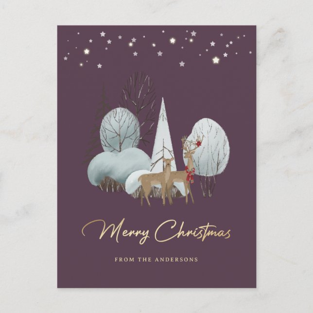 Cute Purple Reindeer Stars Christmas Holiday Postcard (Front)