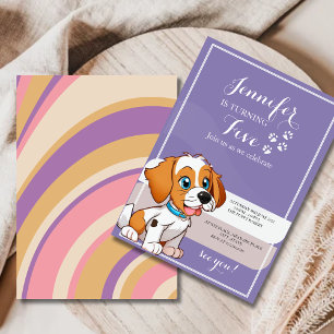 CUTE  purple Retro DOG FIFTH  Birthday  Invitation