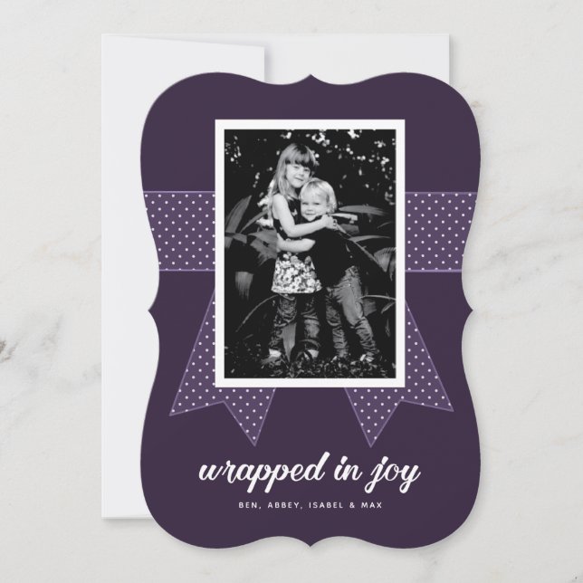 Cute Purple Ribbon Gift Wrapped in Joy Photo Holiday Card (Front)