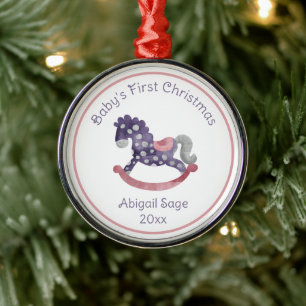 Cute Purple Rocking Horse Baby's First Christmas Metal Ornament
