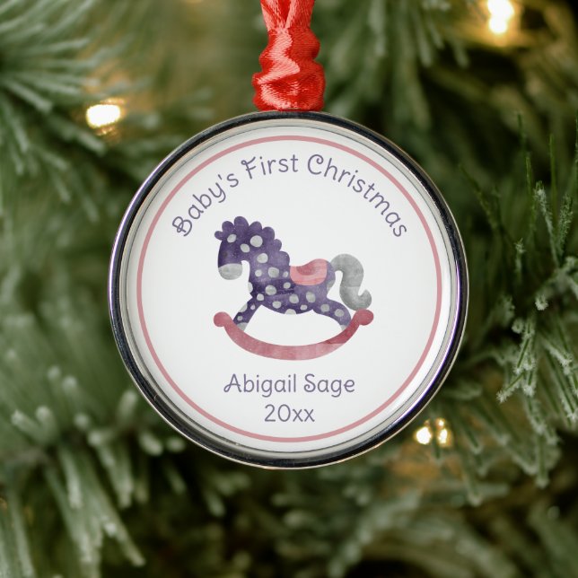 Cute Purple Rocking Horse Baby's First Christmas Metal Ornament (Tree)