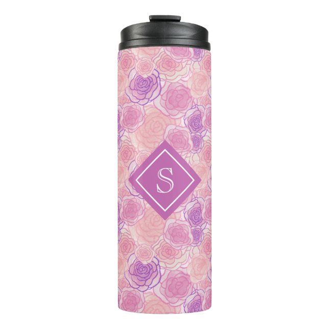 Cute Purple Rose Floral Custom Monogram Thermal Tumbler (Front)
