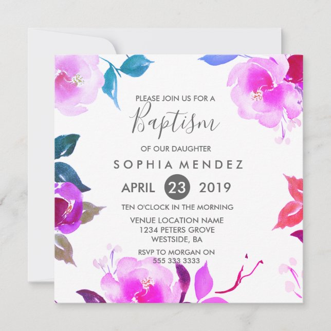 Cute Purple Rose Floral Girl Baptism Invite (Front)