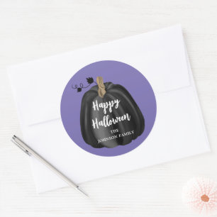 Cute Purple Script Pumpkin Happy Halloween Classic Round Sticker