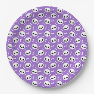 Cute Purple Skull & Bones Halloween Pattern Paper Plate