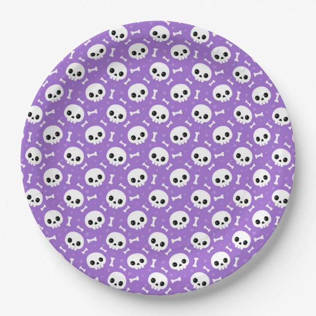 Cute Purple Skull & Bones Halloween Pattern Paper Plate (Front)