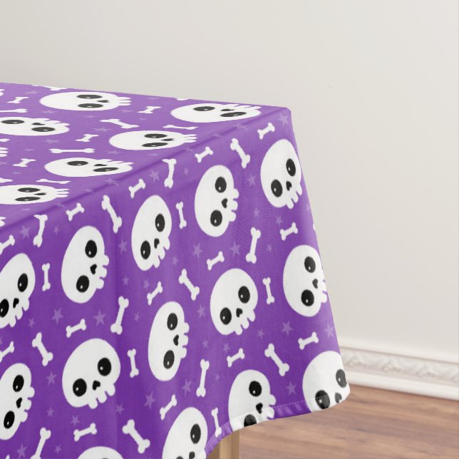 Cute Purple Skull & Bones Halloween Pattern Tablecloth (In Situ)