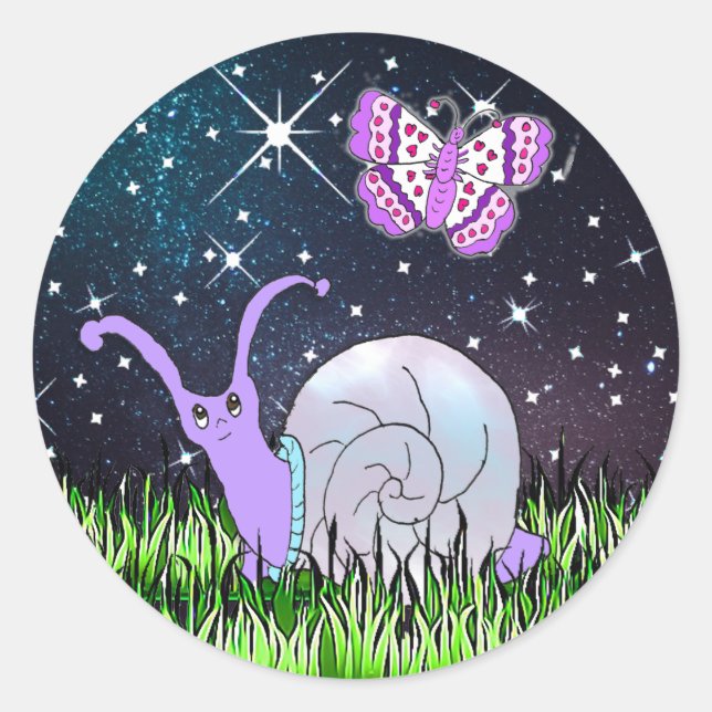 Cute Purple Snail and Butterfly Whimsical Classic Round Sticker (Front)