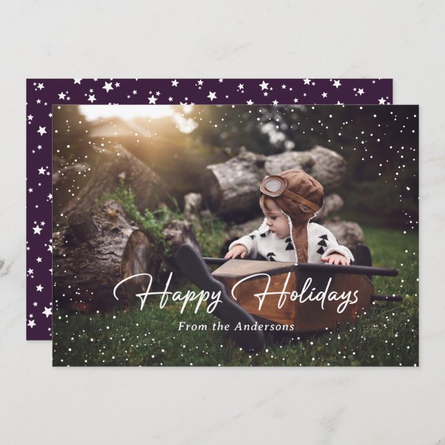 Cute Purple Snow Stars Photo Holiday Card (Front/Back)