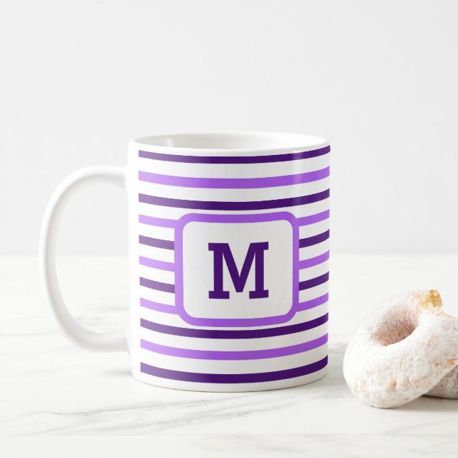 Cute Purple Stripes Custom Single Initial White Coffee Mug (With Donut)