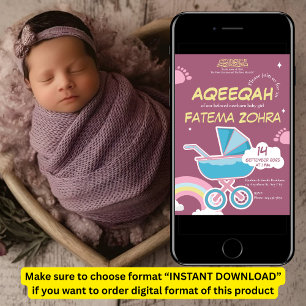 Cute Purple Stroller Baby Girl Muslim Aqeeqah Invitation