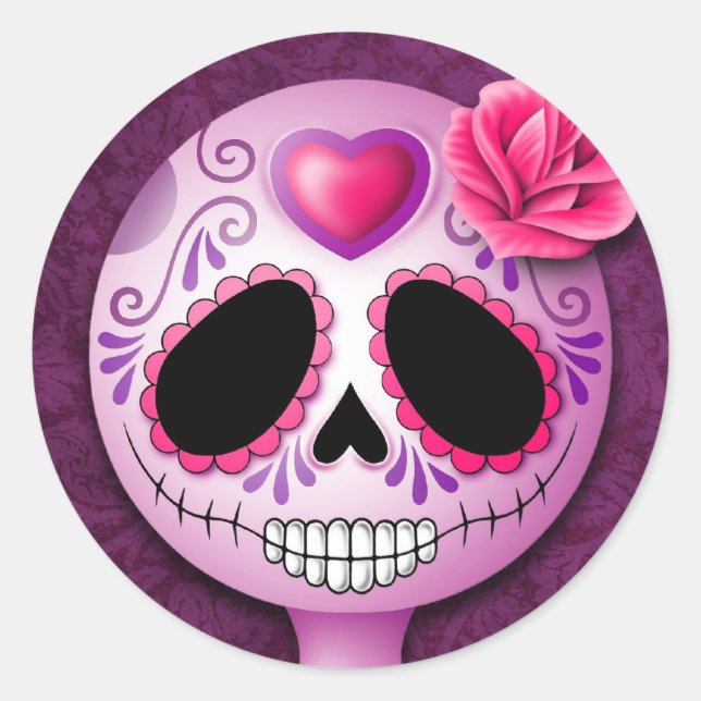 Cute Purple Sugar Skull Classic Round Sticker (Front)