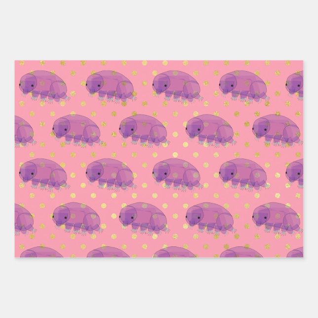Cute purple tardigrade aka water bear swimming wrapping paper sheet (Front)