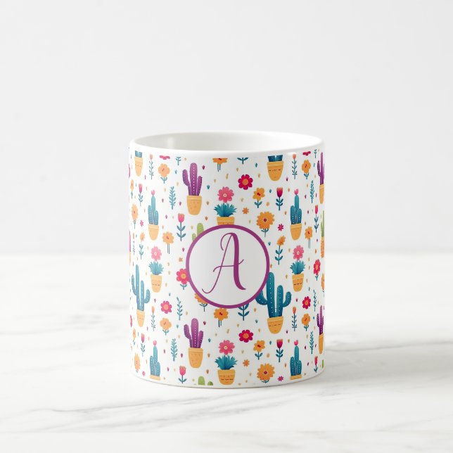 Cute Purple Teal Floral Cactus Script Monogram  Coffee Mug (Center)